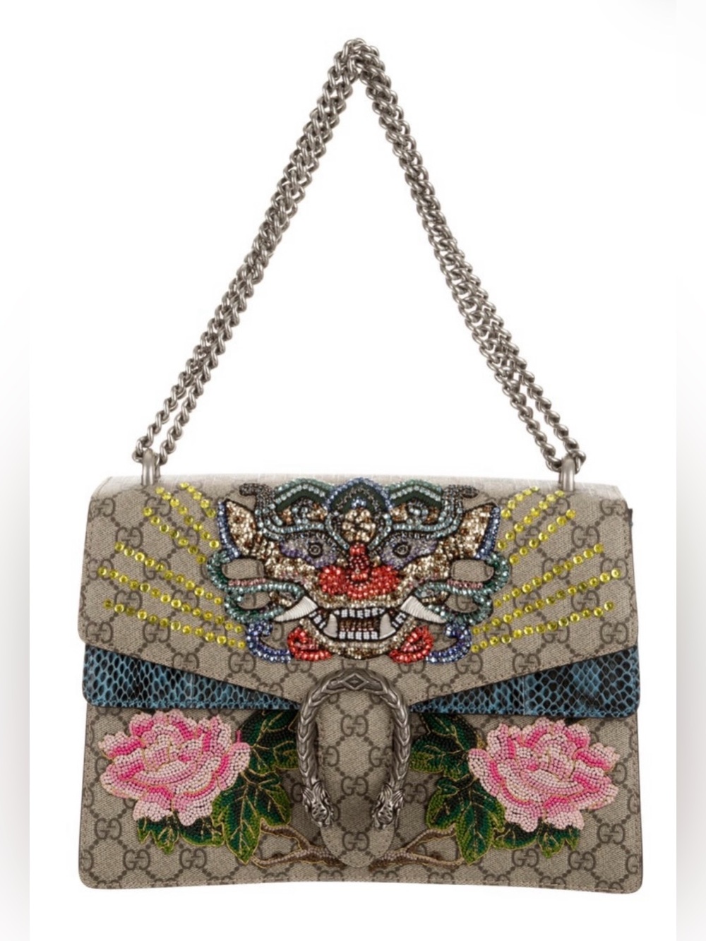 Gucci Dionysus Embellished GG Supreme Shoulder Bag in Beige